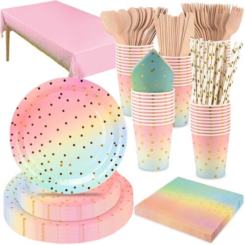 Mevronisshop-201 Pièces Service De Table Rose, Ceiliwen Service De Table Jetable Comprenant Nappe, Assiettes En Papier 9'' & 7'', Gobelet, Serviette, Paille, Couverts En Bois, Severs 25