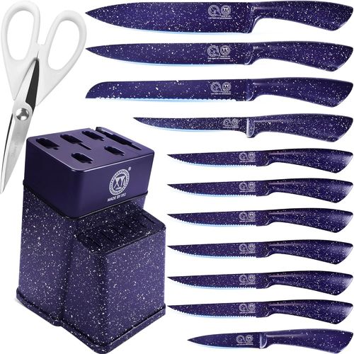 Set De Couteaux De Cuisine Avec Support, Bloc À Couteaux, Set De Couteaux De Chef Japonais Professionnels En Acier Inoxydable, Couteaux À Steak, Couleur Bleue