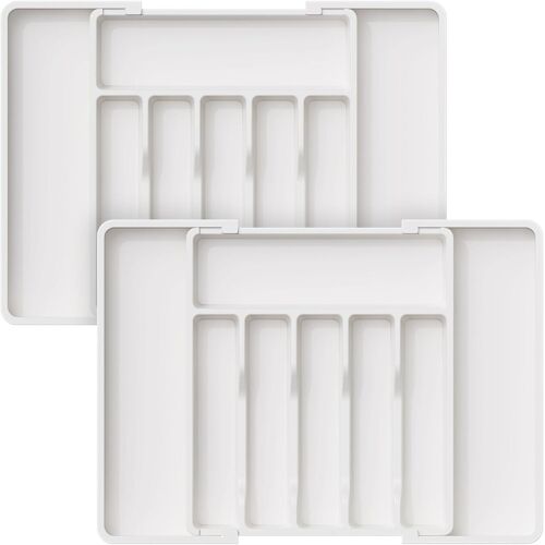 Sjzg-Range Couverts, Plateau D'ustensiles Extensible Pour Tiroir, Organisateur De Tiroir Réglable Pour La Cuisine, Rangement Plastique Pour Contenir Des Cuillères, Paquet De 2, Blanc