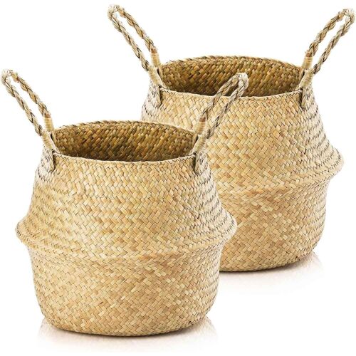 Jexnovashop-Lot De 2 Paniers De Rangement En Jonc De Mer, Ronds, Avec Poignée, Tissés, Naturels, Paniers De Rangement Pour Couvertures, Plantes, Jouets, Taille S : 24 X 20 Cm