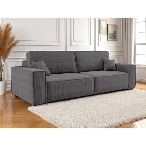 Canapé Droit 3 Places Convertible En Velours Côtelé - Gris