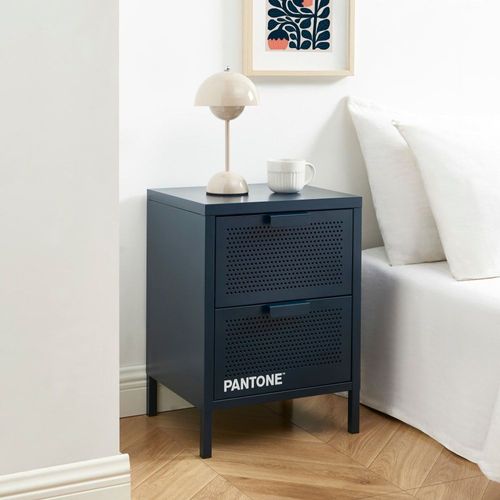Table De Chevet Métal Bleu Nuit Double Tiroirs 40cm