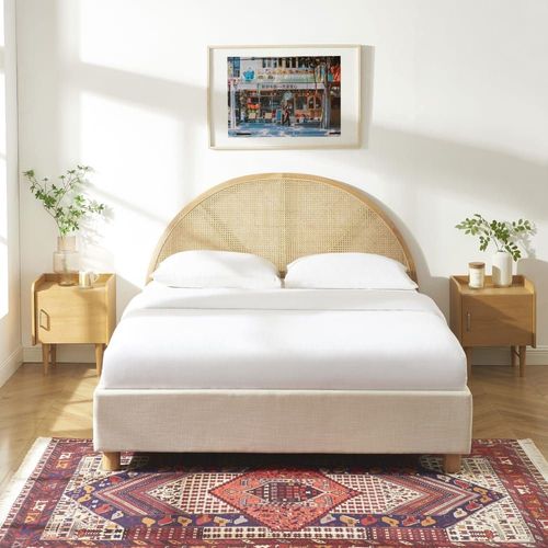 Lit Coffre Tissu Beige Lin Cannage Sommier 160x200 Inclus