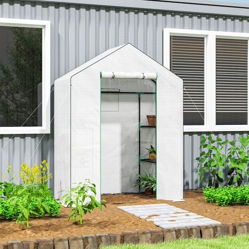 Serre De Jardin 1 Porte, 1 Fenêtre, Étagères À 3 Niveaux Acier Blanc