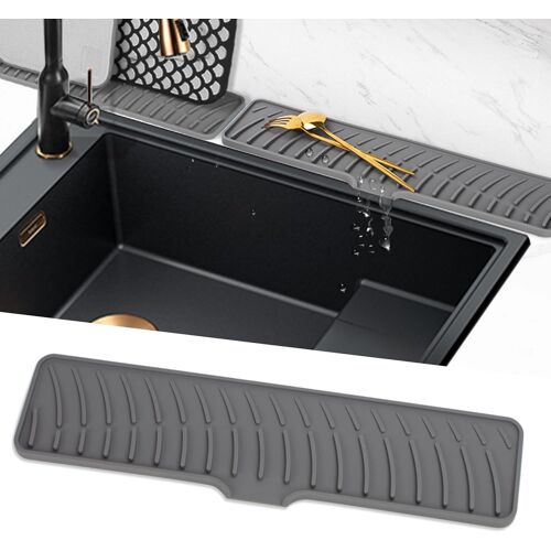 Kalanka-Tapis Égouttoir Étroits, Tapis De Robinet En Silicone, Tampon De Sechage Evier, Tapis De Protection De Drainage, Tampon Egouttoir Vaisselle Pour Cuisine, Salle De Bain (Gris, 42 Cm)