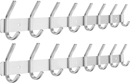 Porte Manteau Mural, Patères Porte Manteaux en Acier Inoxydable Crochet Mural pour Chambre Salle de Bain Cuisine (Argent, 8-Crochet 2pcs)