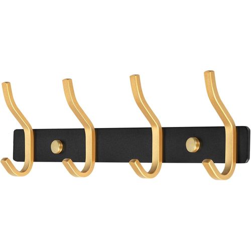 TIANYI-Porte Manteau Mural de 4 Crochets, Patères Porte Manteaux Crochet Mural pour Serviettes en Acier Inoxydable (Noir & Doré, 4 Crochets)