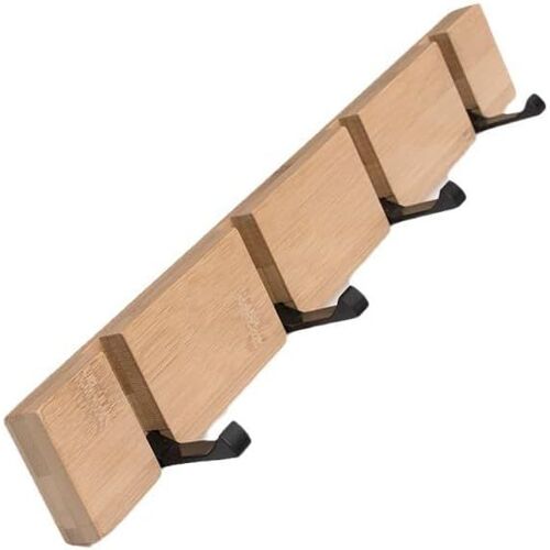 Patère Autocollante Solide en Bois avec 4 Crochets Pliables pour Accrocher Manteaux, Manteaux, Chapeaux, Écharpes, Sacs à Main et Clés