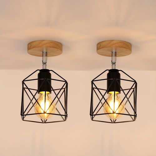Ulteronixshop-Lot De 2 Plafonnier Industriel Vintage Lustre Abat-Jour En Métal Et Bois E27 Suspension Luminaire Rétro Pour Couloir Cuisine Chambre Salon, Ø14cm