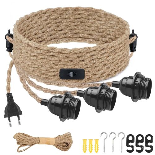 SUBZONAL-Lustre Corde Suspension Vintage en Corde de Chanvre à 3 Douilles E27 avec Interrupteur Suspension Luminaire Industrielle Rétro Lustre Cordelette pour Cuisine Bar Chambre Loft - Sans Ampoule