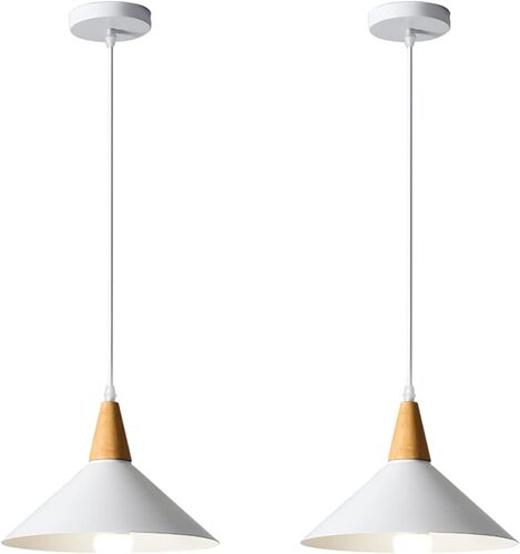 Ulteronixshop-Lots De 2 Suspension Luminaire Vintage Industrielle E27 Plafonnier Lustre Moderne Ø25cm Abat-Jour En Métal Bois Lampes Suspendues Pour Cuisine Salle À Manger Chambre Café, Blanc
