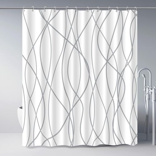 KALANKA-Rideau de Douche 180X200 Anti Moisissure Store Douche Gris Rayé Tissu pour Baignoire Lavable Machine Impermeable Rideaux Salle de Bain Shower Curtain Blanc avec 12 Crochet Moderne