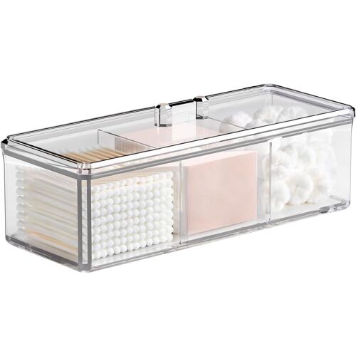 Kalanka-Rangement Maquillage 3 Compartiments, Organisateur Maquillage Avec Couvercle, Rangement Parfum, Boite Coton Tige, Makeup Organizer Pour Salle De Bain, Coiffeuse, Transparent 