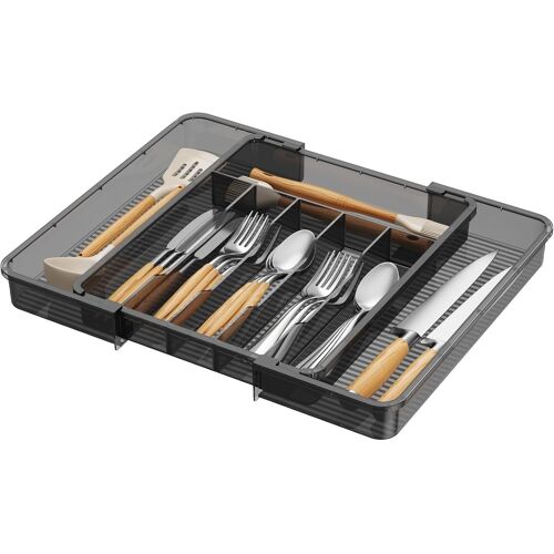 SJZG-Range-Couverts Pour Tiroirs 40 À 50 Cm, En Plastique (Profondeur 38 Cm), Insert De Tiroir À Couverts Extensible, Organiseur De Tiroirs Pour Couverts, Coutellerie, Vaisselle, Transparent/Noir