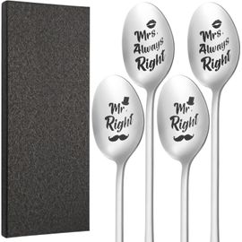 Tianyi-4pcs Cuillère À Café Gravée, Mr Right & Mrs Always Right, Cuillère D'amour En Acier Inoxydable Avec Boîte, 20 Cm Cuillère À Glace À Long Manche, Cadeaux Pour Couple
