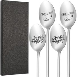 Tianyi-4pcs Cuillère À Café Gravée, Mr & Mrs And Just Married, Cuillère D'amour En Acier Inoxydable Avec Boîte, 20 Cm Cuillère À Glace À Long Manche Pour Couple Mariage Mariés Cadeaux