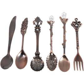 6 Pcs/Lot De Couverts Vintage Cuillère À Dessert Cuillère À Café Cuillère À Café Crème Glacée Cuillère Fourchette De Fruits En Métal De Royal Mini Sculpté Vaisselle Cuillère