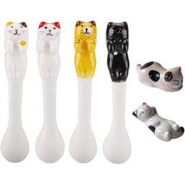 Tianyi-Cuillères À Thé 4 Pcs Cuisine À Domicile Cuillère À Café Céramique Cuillère À Chat Et 2 Repose Baguettes Pour Thé, Lait, Café, Dessert, Boisson, Milk Shake