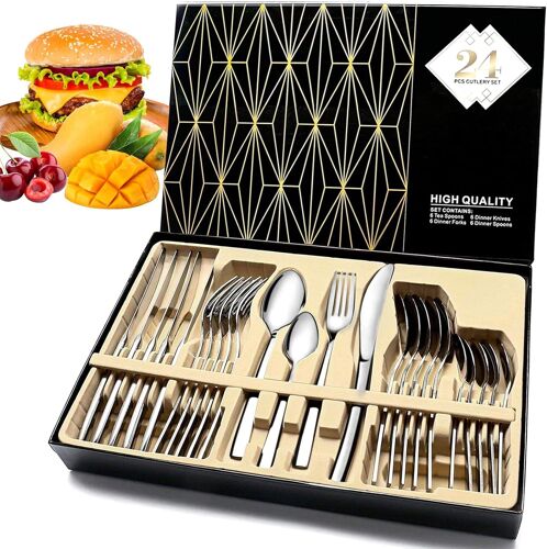 Chicslick-Ménagère De 24 Pièces Pour 6 Personnes, Couverts De Table Acier Inoxydable, Ensemble De Couverts Avec Couteau, Comprend Couteau, Fourchette, Cuillère, Cuillère À Café, Va Au Lave-V[X1741]