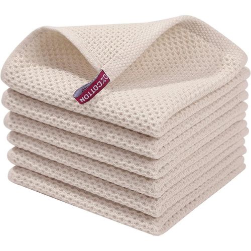 Tianyi-Lot De 6 Torchons De Cuisine 100 % Coton - 30 X 30 Cm - Doux - Absorbants - Épais - Qualité Supérieure - Beige