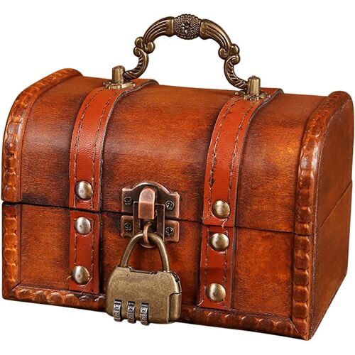 KALANKA-Petit coffre au trésor en bois vintage : coffre au trésor avec serrure à combinaison, petites caisses en bois, coffre au trésor pour enfants boîte à bijoux, mini coffre en bois pour le