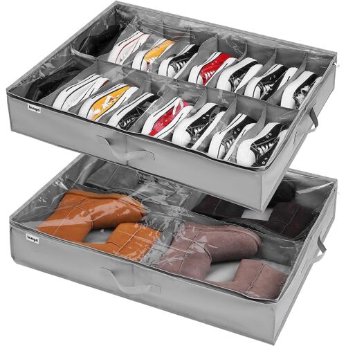 JEXNOVASHOP-Rangement sous Lit Gain de Place, Grande Lot de 2, Pour 16+4 Paires de Bottes Organisateur Chaussures avec Poignee et Fenêtre Transparente