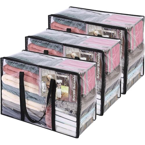 Jexnovashop-3 Paquet Clair Sacs De Rangement Pour Vêtements Avec Poignée Renforcée, 46 X 38 X 23 Cm, Organisateur De Vinyle Pour Couette Couverture Fourre Tout Transparent Avec Fermeture À Glissière