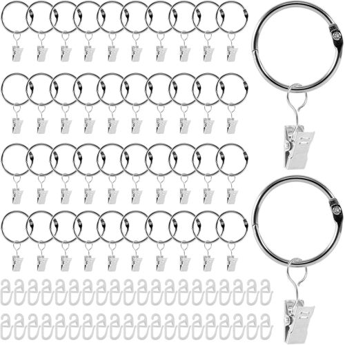 Kalanka-Lot De 40 Anneaux De Rideau En Métal - Diamètre Intérieur : 35 Mm - Avec Clips - En Acier Inoxydable - Avec Crochets En Plastique Blanc - Pour Fenêtre Et Porte