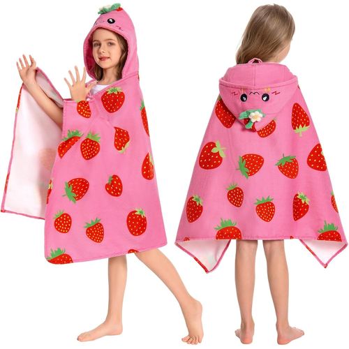 Tianyi-Serviette De Bain À Capuche Pour Enfants, Serviettes De Plage En Microfibre Doux Natation Wrap, Enfant Peignoir À Langer, Poncho De Bain Pour Garçons Filles De 3 À 12 Ans (Fraise)