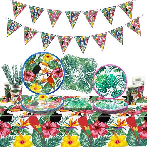 Tianyi-Hawaiian Luau Party Supplies - Bannière D'anniversaire Tropicale, Assiettes En Papier Toucan, Serviettes, Gobelets, Nappe Et Pailles En Papier Pour La Fête D'été Aloha, Pour 20 Invités (01)