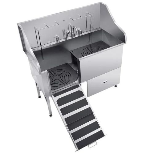 Baignoire De Chien Acier Inoxydable-Duoku-155 Cm-Baignoire De Toilettageavec Rampe, Panneau Filtre À Eau, Robinet-Gauche
