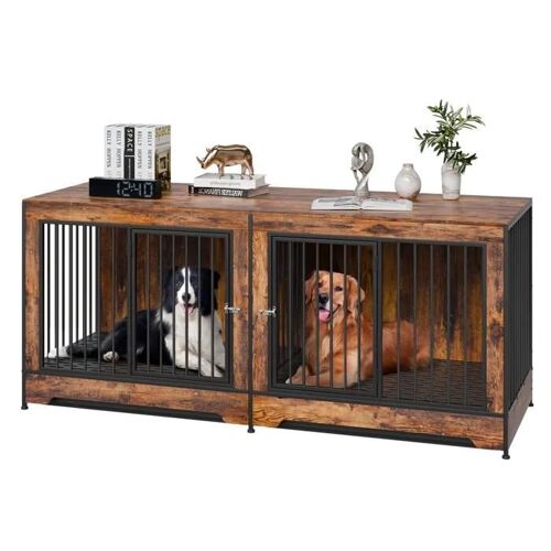 Cage Pour Chien Extra Large De 75 Po-Duoku-Idéale Pour 2 Chiens-Marron-Spacieuse-Avec Séparateur Et Portes Doubles