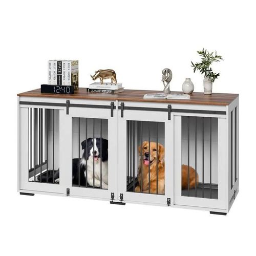 Cage Double Pour Chien De 72 Po-Duoku-Blanc-Pour Petits Et Grands Chiens-Cadre En Acier Robuste-2 Portes Coulissantes