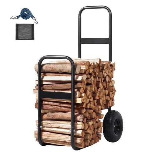 Chariot à Bois de Chauffage en Acier-Duoku-250 lb-Intérieur Extérieur-Roues Pneumatique-Porte-Cheminée Fosse-Noir