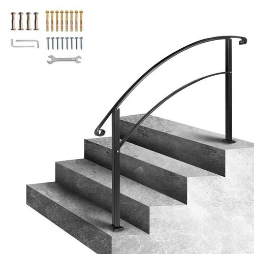 Rampe d'escalier Extérieure-Duoku-pour 1 à 4 Marches-Rampe en Fer Forgé-Noir Mat-avec Kit d'installation