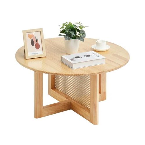 Table Basse En Rotin-Duoku-33 Pouces-Table Ronde En Bois Tressé Avec Plateau En Bois D'hévéa-Circulaire-Bohème Moderne