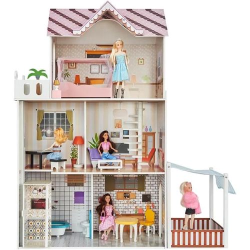 Maison de Poupée en Bois-Duoku-Maison de Jeu Moderne de 7 Pièces pour Enfants, Maison de Rêve à Faire Soi-même