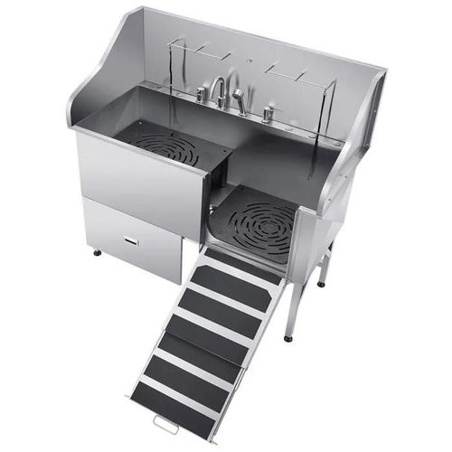 Baignoire De Chien Acier Inoxydable-Duoku-155 Cm-Baignoire De Toilettageavec Rampe, Panneau Filtre À Eau, Robinet-Porte Droite