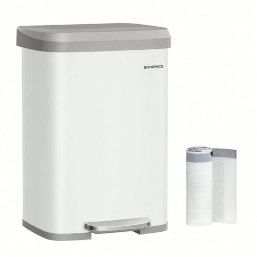 Poubelle de cuisine, 50 L, Poubelle à pédale en métal avec couvercle, Grande et Haute, Blanc et Gris Tourterelle