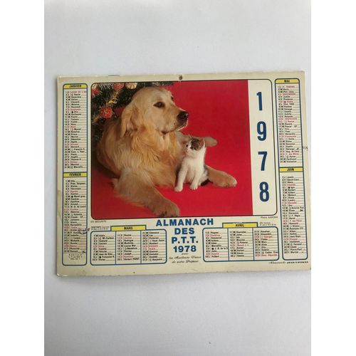Calendrier Almanach Année 1978 Vintage Ptt Postes Naissance Mariage Rétro Chien Chaton Golden Retriever