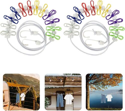 KALANKA-Lot de 2 cordes à linge portables de voyage avec 12 clips colorés, corde à linge réglable et portable pour camping, corde à linge élastique rétractable pour intérieur et extérieur (colorée)