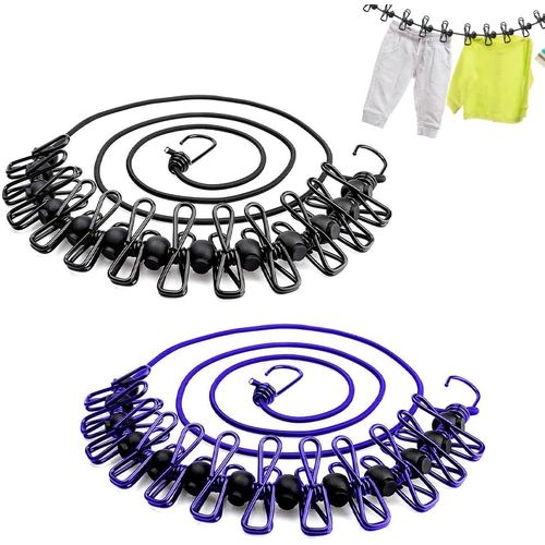 anw-Corde À Linge Portable, 2 Pièces Corde À Linge Élastique Avec 12 Clips Et Boucles De Positionnement Étendoir À Linge Extérieure De Camping Ajustable Rétractable Pour Voyage Vacances Extérieur