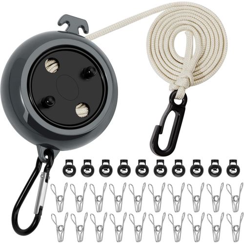 jum-Corde A Linge Retractable,10M Extensible Fil À Linge Extérieur Portable,Camping Corde À Linge Réglable Avec 10 Boucles Fixes Et 20 Pinces À Linge,Pour Extérieur Camping-Car,Jardin Ou Voyage