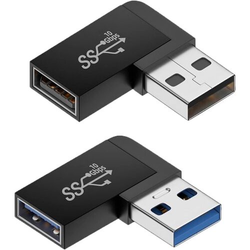 JGD-USB 3.2 90 degrés(Paquet de 2), 10 Gbps Angle Gauche et à Angle Droit USB A mâle vers USB 3.2 Femelle coupleur d'angle, convertisseur de Charge Rapide OTG pour PC, Ordinateur Portable
