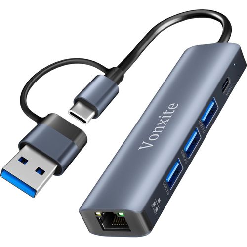 KAL-Adaptateur Usb Ethernet, 5 En 2 Adaptateur Type-C Vers Ethernet Rj45 Gigabit 1000 Mbps, Hub Type-C Lan Avec 3 Ports Usb 3.0 Et 1 Type C Pour I-Phone 15/16/Ipad/Windows Xp/Mac/Linux/Chromebook