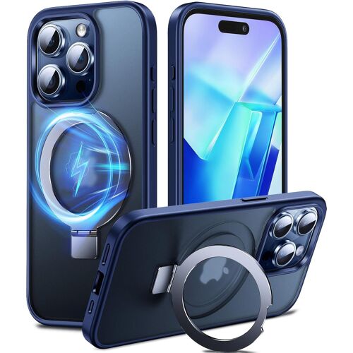 SJZG-3-En-1 Coque Pour 15 Pro Max Avec Aimantée Support Anneau Bague, Compatible Avec Magsafe, No.1 Magnétique Protection Antichoc Militaire, Silicone Iphone 15 Pro Max Case Béquille Pied Bleu