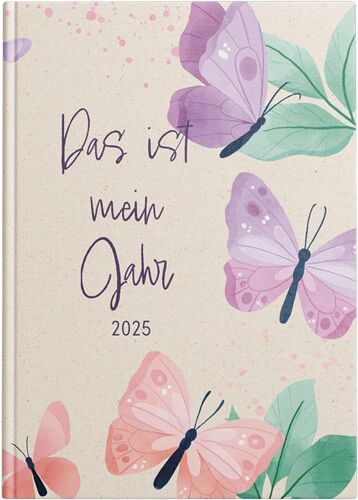 11141 Agenda De Poche Format A5 2025 « Mein Jahr », 1 Semaine Sur 2 Pages, Avec Couverture Rigide Rembourrée, Motif Papillon Et Ruban Marque-Page