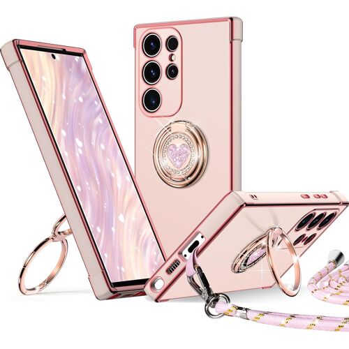 ELVORIX-Coque pour Samsung Galaxy S25 Ultra, avec Double Anneau de Support C?ur, avec Lanière pour Filles etmmes, Coque de Protection Luxe Mignonne et Scintillante pour Samsung S25 Ultra, Rose