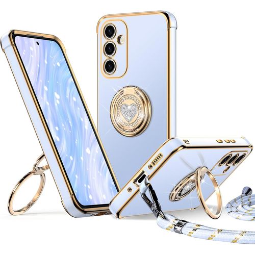 Coque Pour Samsung Galaxy S24 Fe, Avec Double Anneau De Support C?ur, Avec Lanière Pour Filles Et Femmes, Coque De Protection Luxe Mignonne Et Scintillante Pour Samsung S24 Fe, Bleu