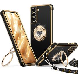 Coque Pour Samsung Galaxy S21 Fe, Avec Double Anneau De Support C?ur, Avec Lanière Pour Filles Et Femmes, Coque De Protection Luxe Mignonne Et Scintillante Pour Samsung S21 Fe, Noir